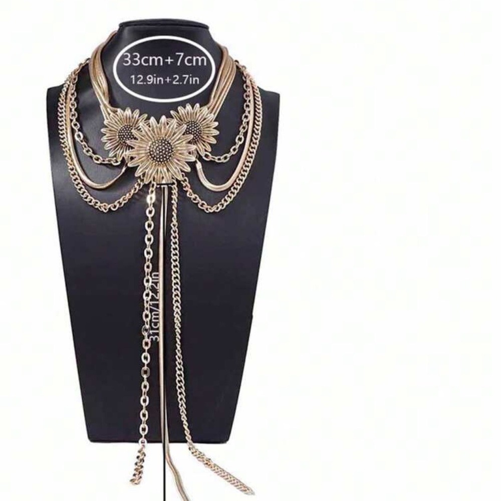 Antique Gold Sunflower Choker Necklace & Earrings Set Statement Set - Picture 7 of 7